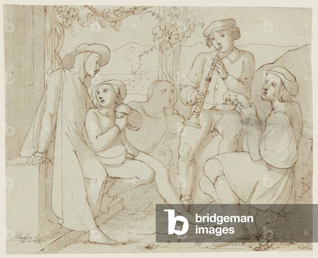 A group of music making men, c.1815/19, (pen and brown and grey inks with wash over graphite)