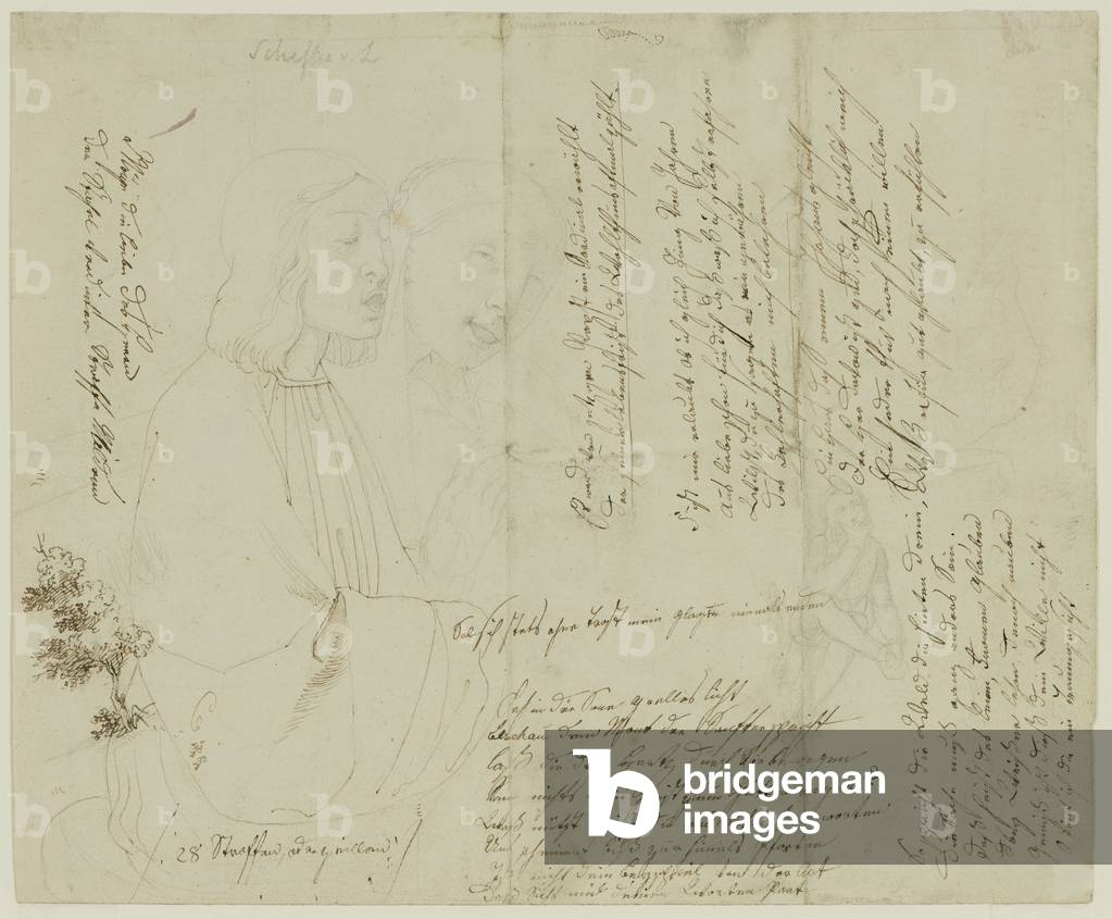 Two singing youths, graphite, c.1815/19 (graphite partly gone over in pen and brown ink)