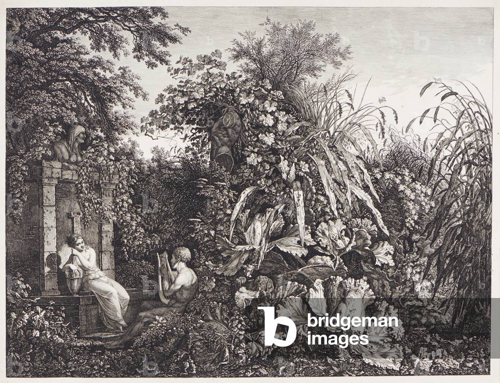 Youth playing a lyre to a young woman seated at a fountain within thick undergrowth, 1802-03  (etching)