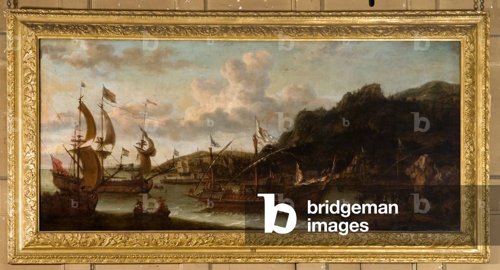 A Mediterranean seaport with men-o'-war (oil on canvas)