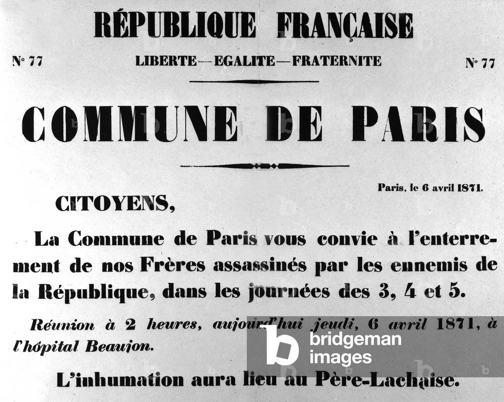 Paris Commune civil war : appeal on april 6, 1871 for funeral of victims in Pere Lachaise graveyard
