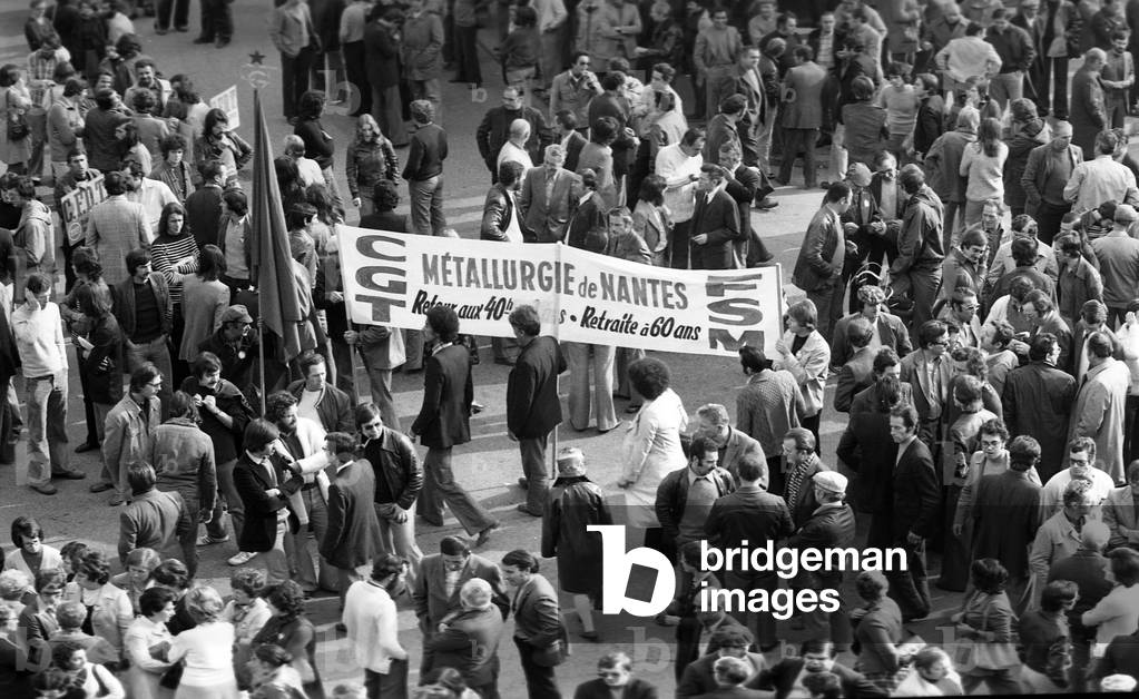 Demonstration during a day of action of french trade unions CGT and CFDT in Nantes, France, september 23, 1975 (b/w photo)