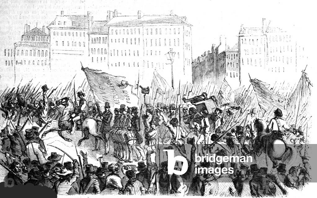 2279/B Le peuple promene le trone de Louis Philippe dans les rues de Paris fev 1848 Revolution fran?aise ?c