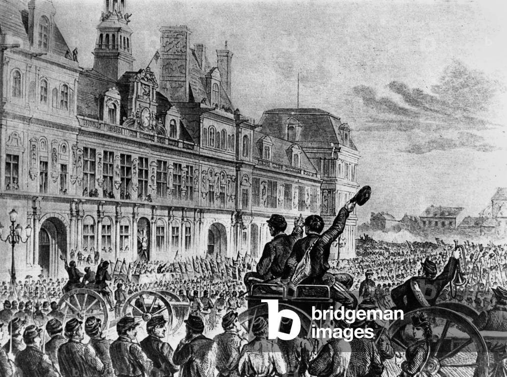 during the Paris Commune civil war : town hall square on march 27, 1871, engraving