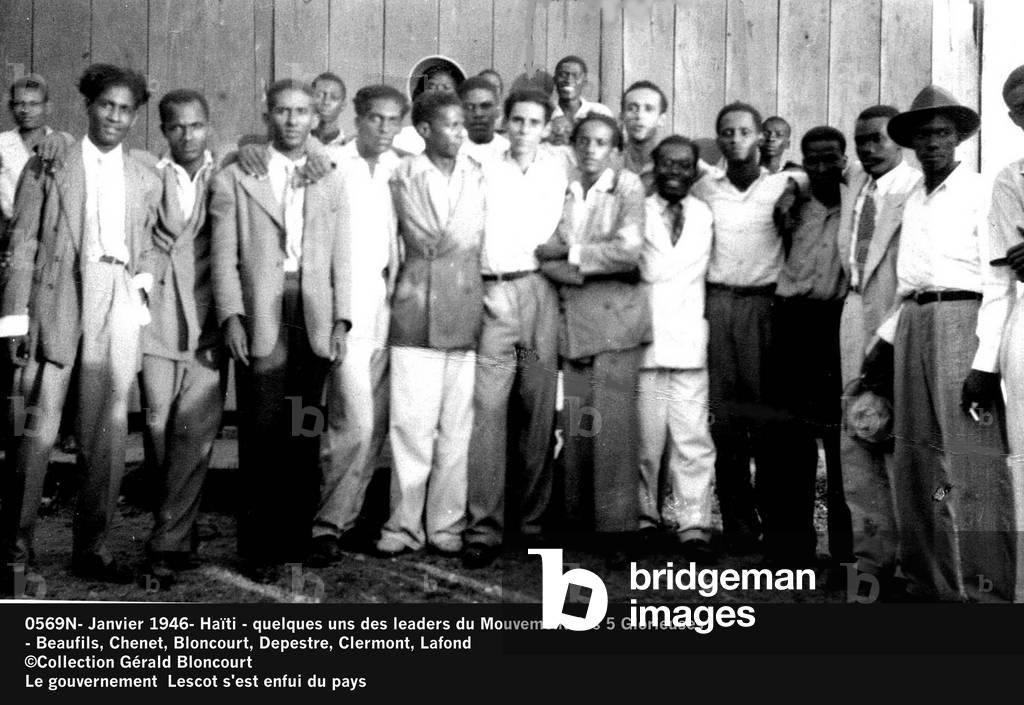 0569N- January 1946- Hati - some of the leaders of the Mouvement des 5 Glorieux- Beaufils, Chenet, Bloncourt, Depestre, Clermont, LaFondCollection Gerald BlonCourtThe government Les co s'escaped du paus