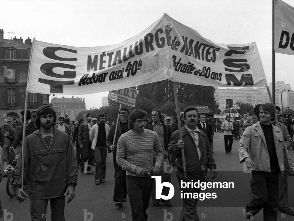 Demonstration during a day of action of french trade unions CGT and CFDT in Nantes, France, september 23, 1975 (b/w photo)
