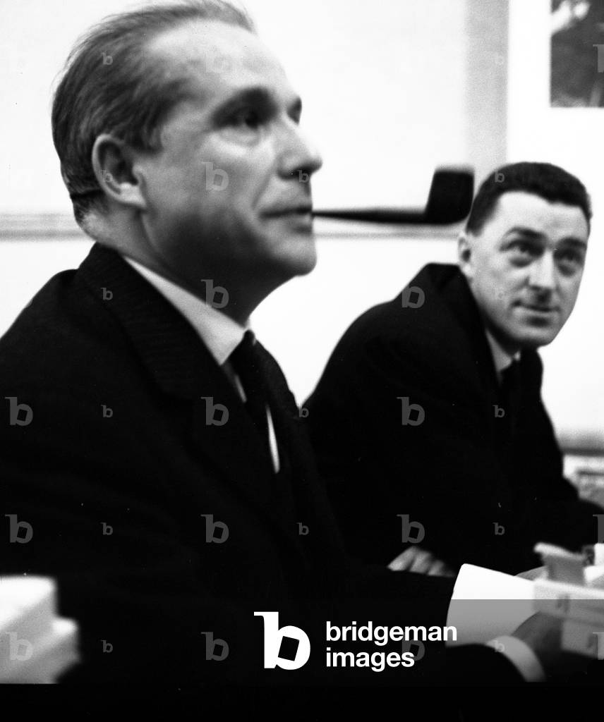 Pierre Courtade on the left who was editor-in-chief of the Humanite and permanent correspondent in Moscow and Andre Stil current editor-in-chief of the Humanite March 1963 day of the Marxist book PCF Communist