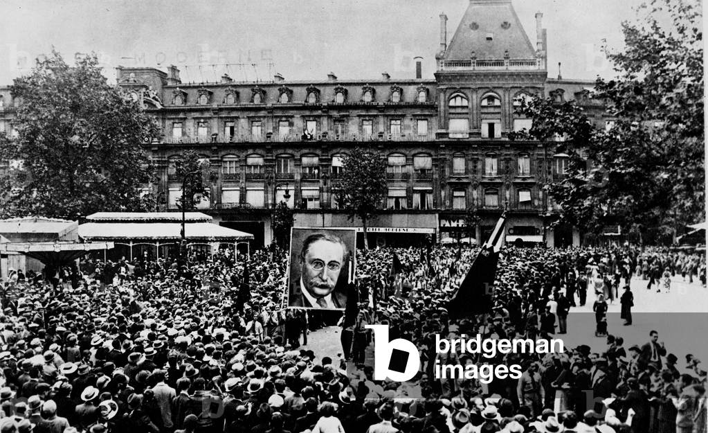 158C Popular Front Demonstration with photo of Blum Place de la Republique in Paris July 14, 1936