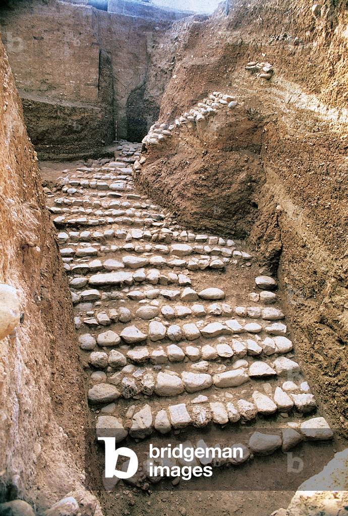 Steps leading to the Canaanite mudbrick gate dating from the 18th century BC, Tel Dan, Israel (photo)