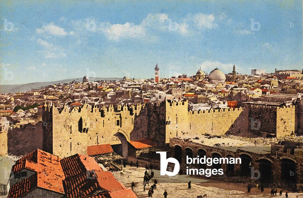 The Damascus Gate in Jerusalem, the main gate to the old city, c.1910-20 (colour litho)