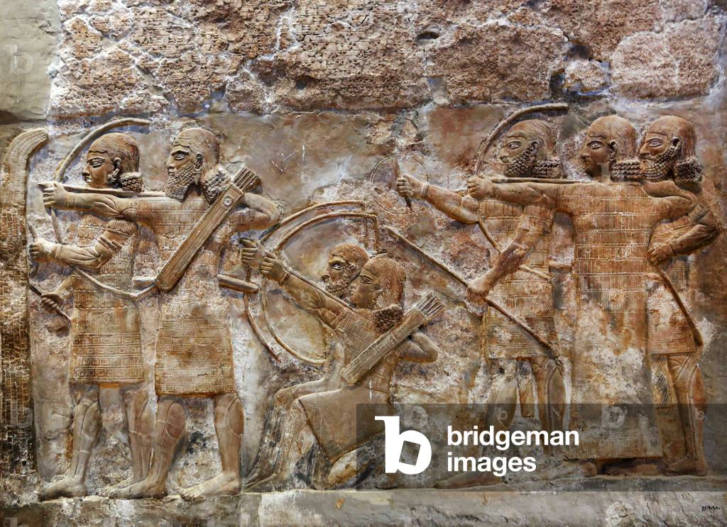 Assyrian Army Archers Conquering a Fortified City, relief from Nimrud, c.865 BC (stone)