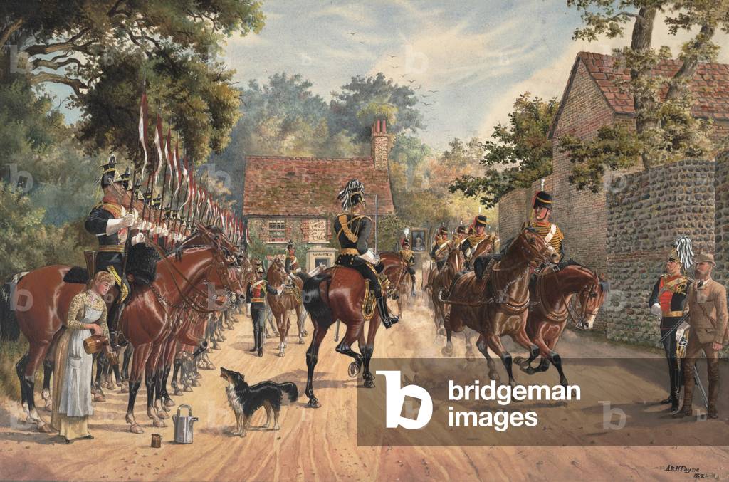 9th Queen's Royal Lancers and the Royal Horse Artillery in a country village, 1881 (w/c on paper)