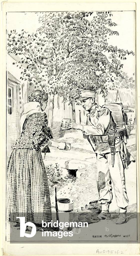 Infantryman accepting cup of water from peasant woman (ink on paper)