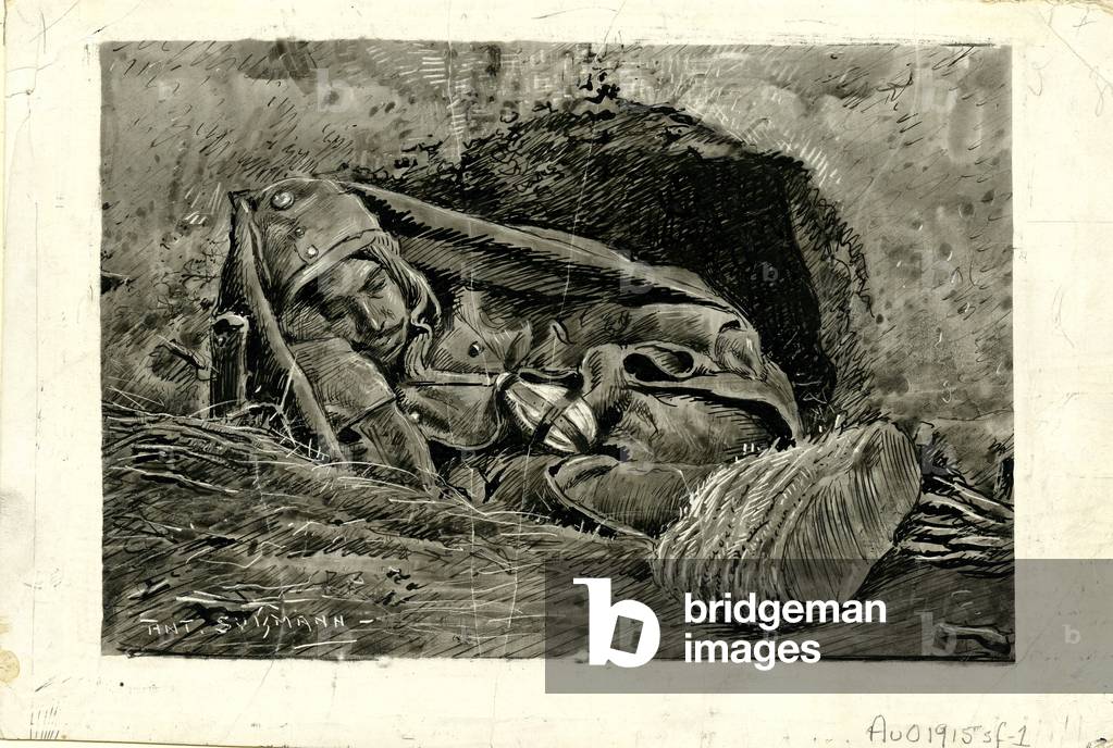 Infantryman asleep in cave shelter (ink on paper)