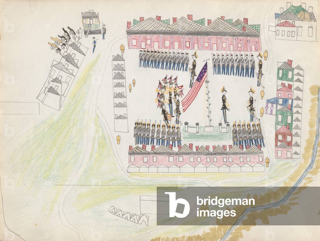Bird's eye view of US military assembly at Fort Marion, Florida, 1877 (coloured pencil & w/c on paper)