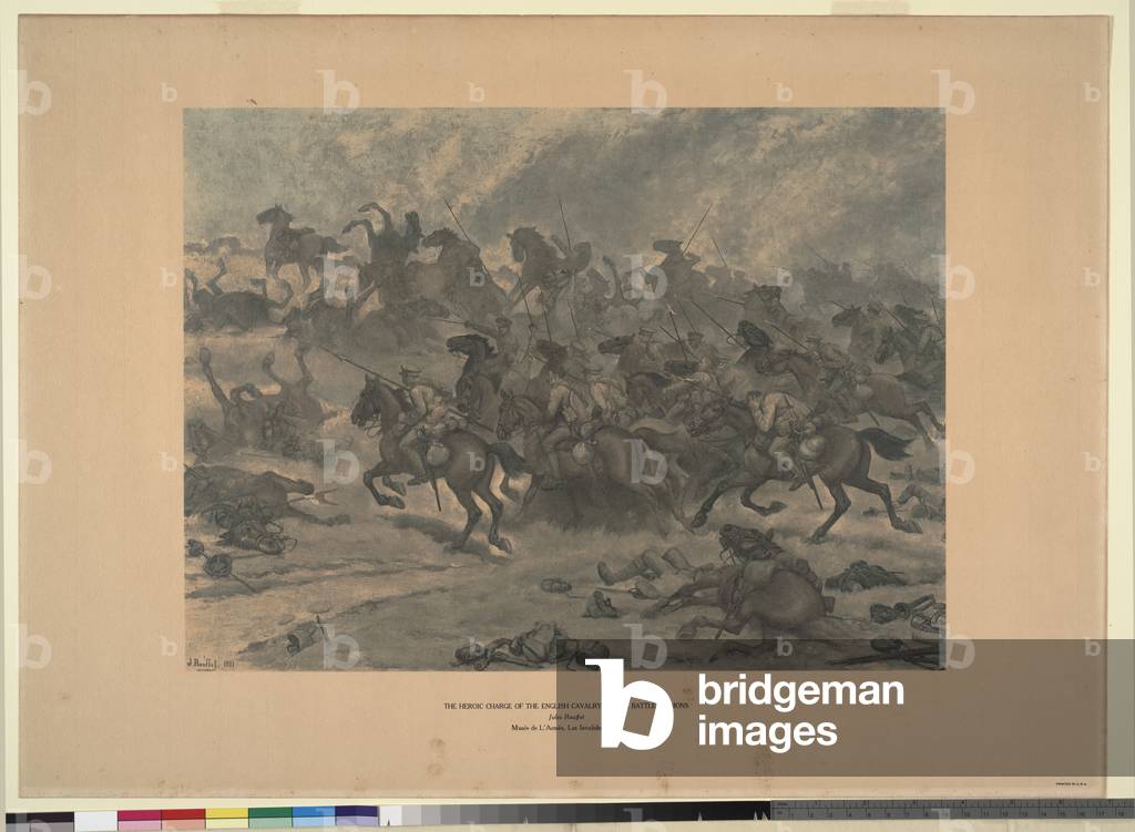 The heroic charge of the English cavalry at the battle of Mons, 1914 (colour litho)