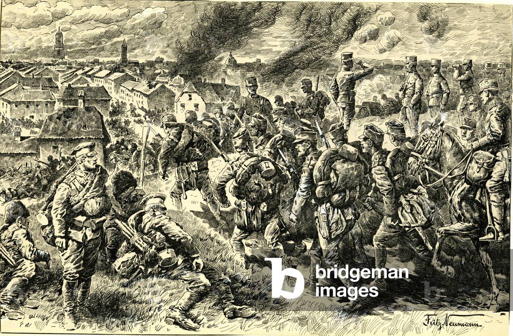 Austrian infantry assaulting a Russian town (pen & ink on paper)