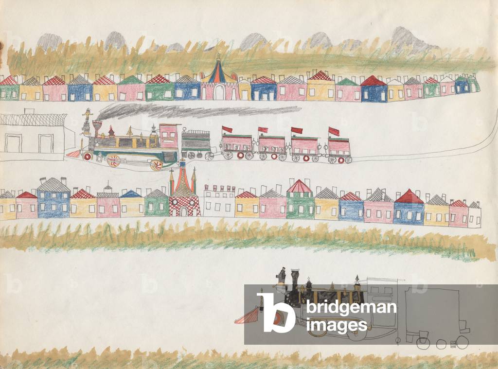 Town and Steam Engines, 1877 (coloured pencil & w/c on paper)