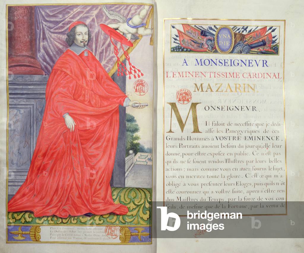 Cardinal Mazarin, illustration and dedication from 'Les Panegyriques des Hommes Illustres de Notre Siecle' by Puget de la Serre, 1655 (vellum)