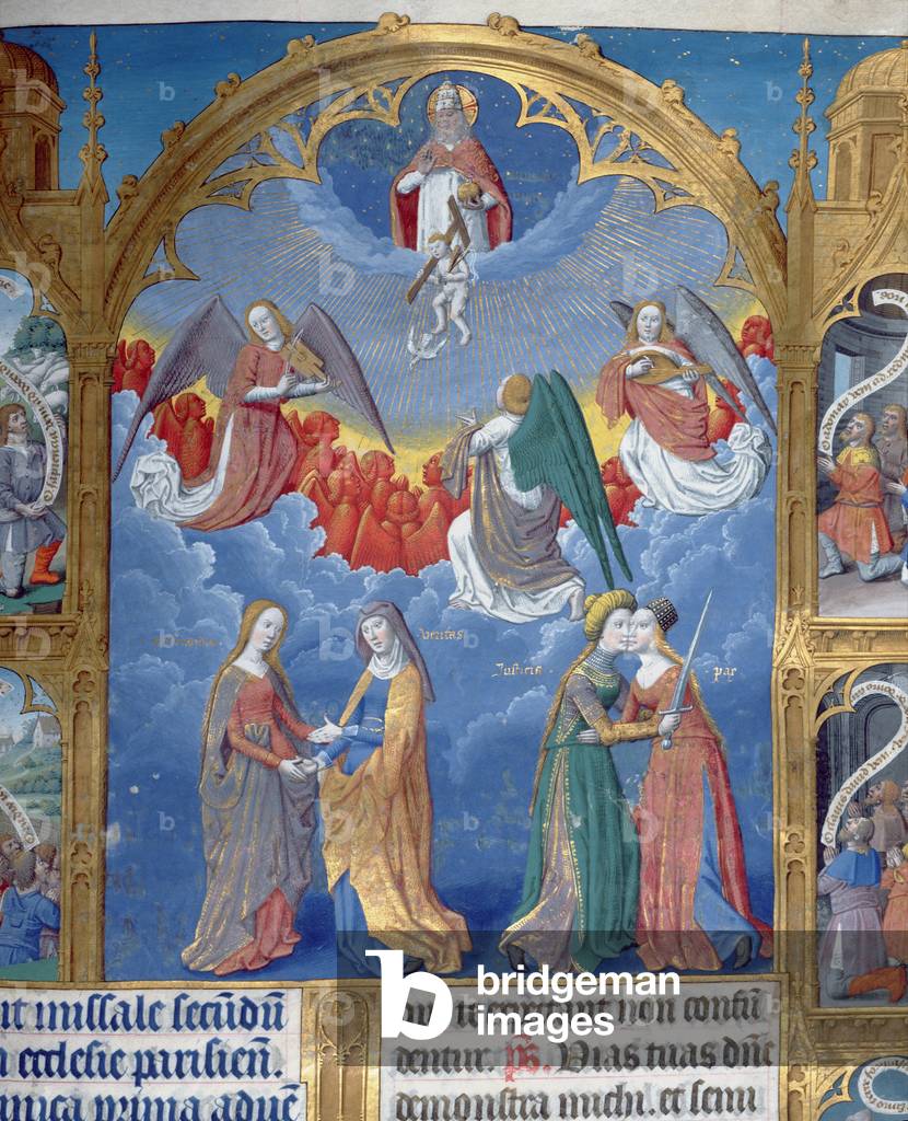 "Ms 412 La Trinità circondata da tre angeli e sotto di essi personificazioni di Misericordia e Verità e Giusti