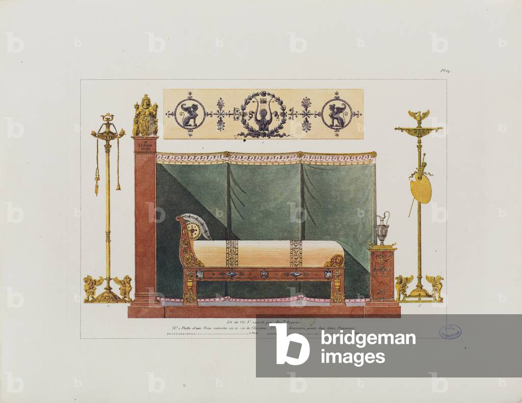 View and details of a bedroom in Paris, bed made by Alexandre de Regnier, from 'Recueil de décorations intérieures comprenant tout ce qui a rapport à l’ameublement', published Paris, 1801 (coloured engraving)