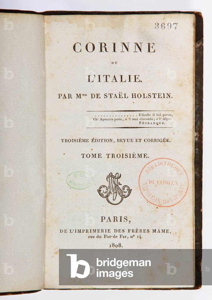 Title page of 'Corinne ou l'Italie', 3rd revised and enlarged edition, 3rd volume, Imprimerie des Freres Mame, Paris, 1808 (printed paper)