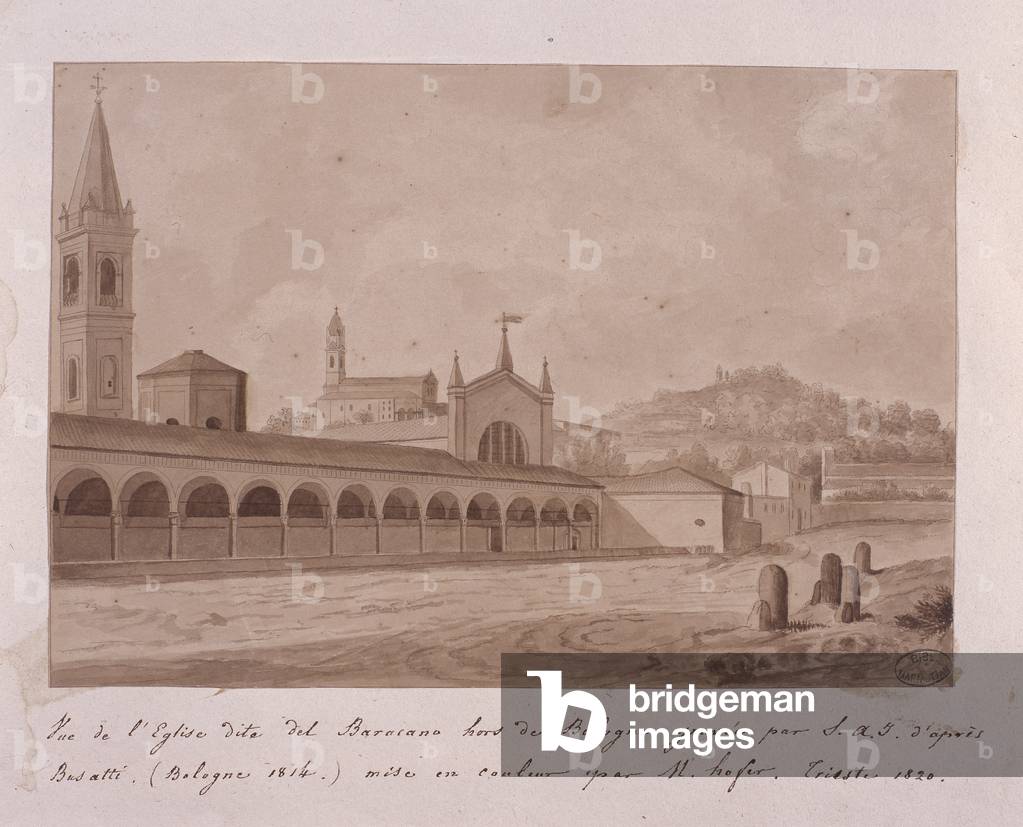View of the church of Baracano, Bologna, after Basatti, 1814 (engraving enhanced with w/c on paper)