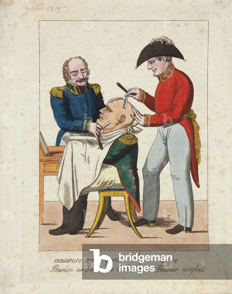 Gentlemen, what do you use to shave my beard? English razor Sir, 1815 (coloured engraving)