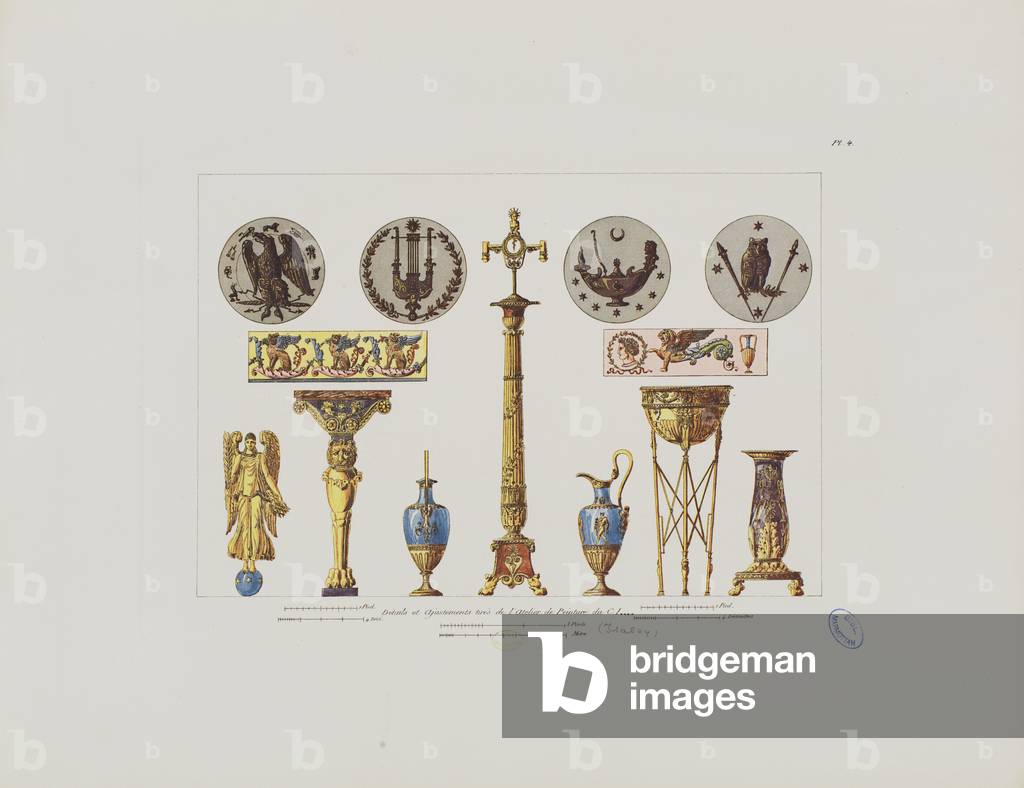 Details and ornaments from the studio of painter C.I. Isabey, from 'Recueil de décorations intérieures comprenant tout ce qui a rapport à l’ameublement', published Paris, 1801 (coloured engraving)