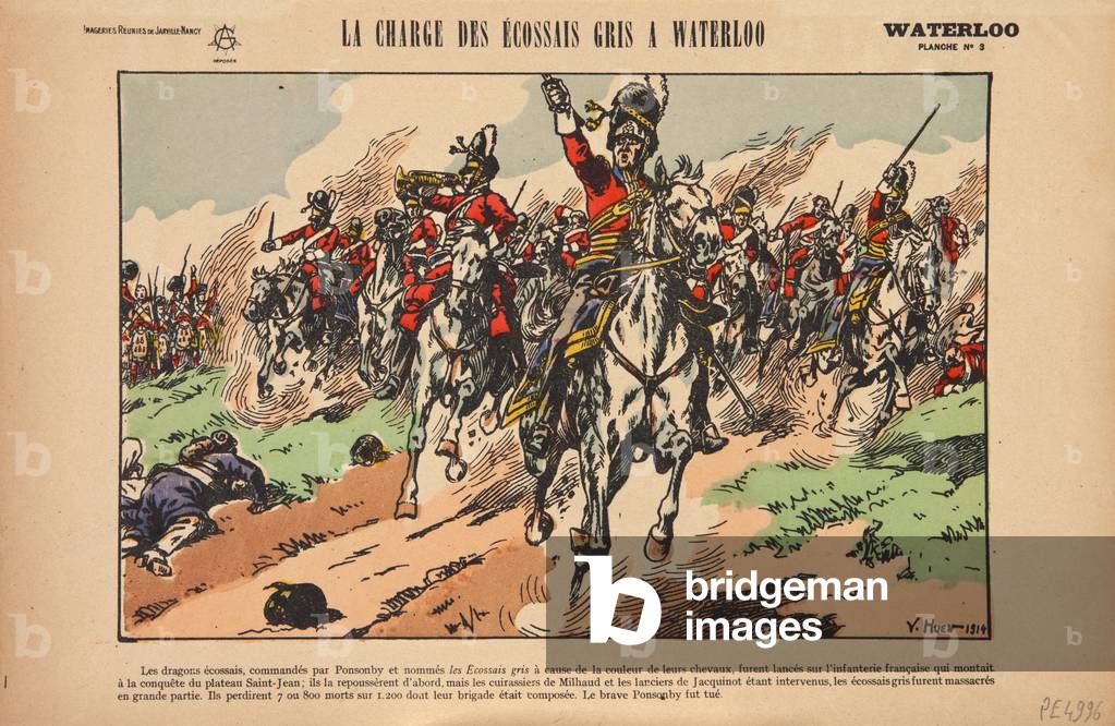 Charge of the Royal Scots Greys at the Battle of Waterloo, c.1920 (colour litho)