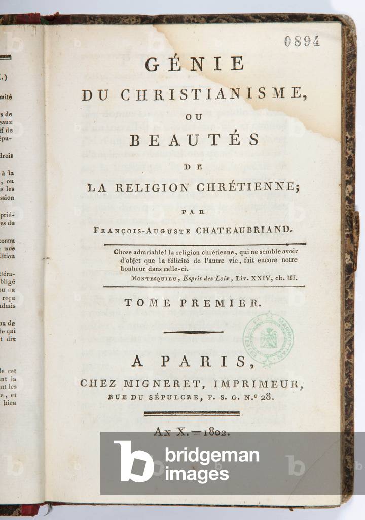 Title page of the 'Genie du Christianisme ou Beautes de la Religion Chretienne', volume I, chez Migneret Imprimeur, Paris, 1802 (printed paper)