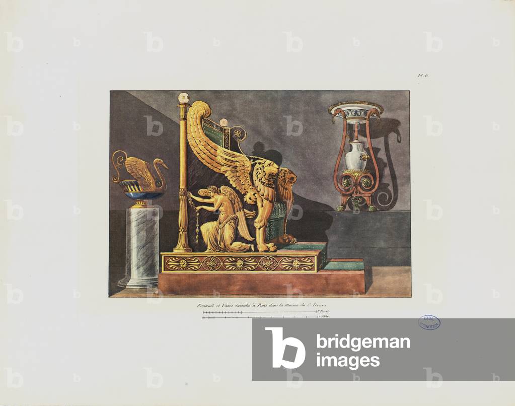 Armchair and vase in the house of C.D., from 'Recueil de décorations intérieures comprenant tout ce qui a rapport à l’ameublement', published Paris, 1801 (coloured engraving)