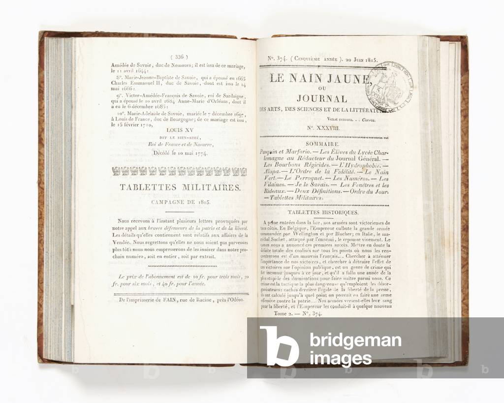 Page from 'Le Nain Jaune' or the 'Journal des Arts, des Sciences et de la Littérature', No. 374, 20 June 1815 (printed paper)