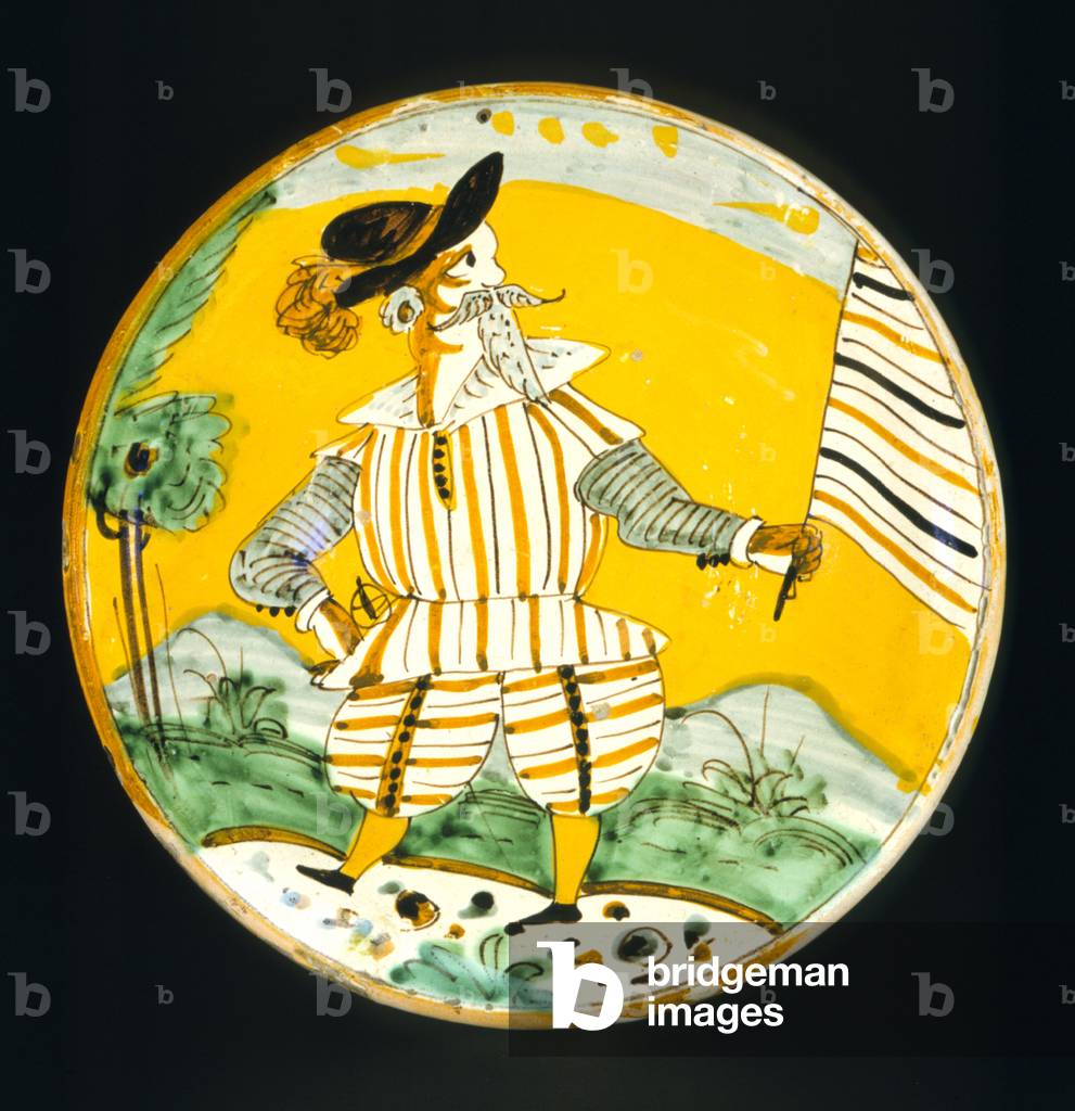 Plate depicting a male figure, Monte Lupo Workshop (glazed & painted clay)
