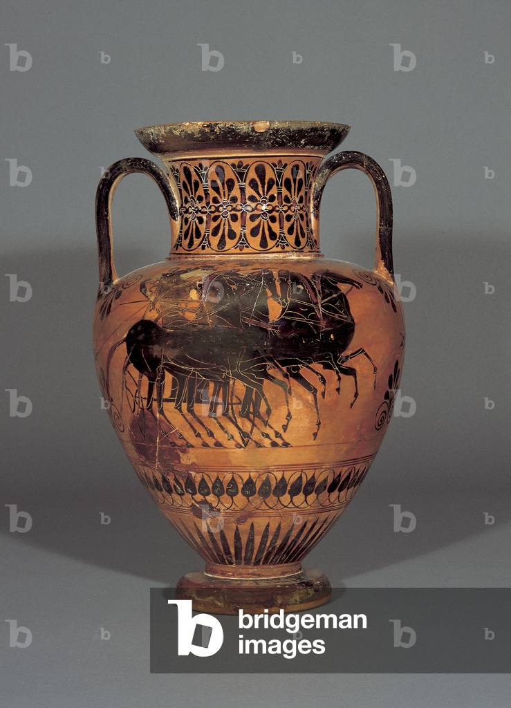 Attic black-figure neck amphora depicting Athena in a quadriga, 530-530 BC (clay)