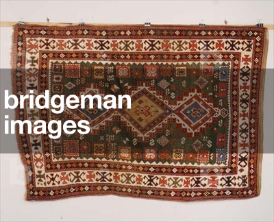 Kazak Rug, the sea-green field containing triple stepped medallions surrounded by tribal and zoomorphic devices enclosed by ivory cruciform and hooked motif borders between geometric guard stripes