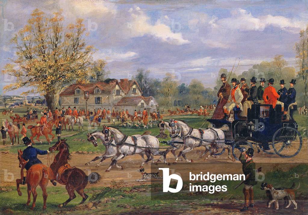 Stage Coach passing a meet outside an Inn, 1862