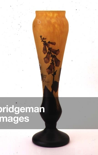 Daum cameo glass vase, tapering cylindrical with bulbous base, overlaid carved sprays of foxgloves