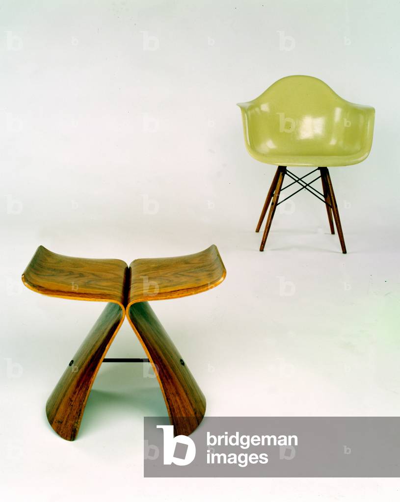 Left: An Early Butterfly Stool, designed by Sori Yanagi, 1954 (plywood) and Right: A DAW Sidechair, 1948-50 (fibreglass, birch and metal)
