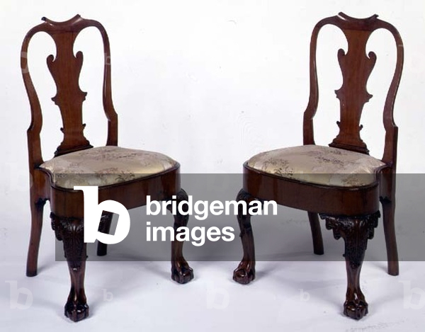 Pair of George I walnut side chairs with vase-shaped splats and cabriole legs
