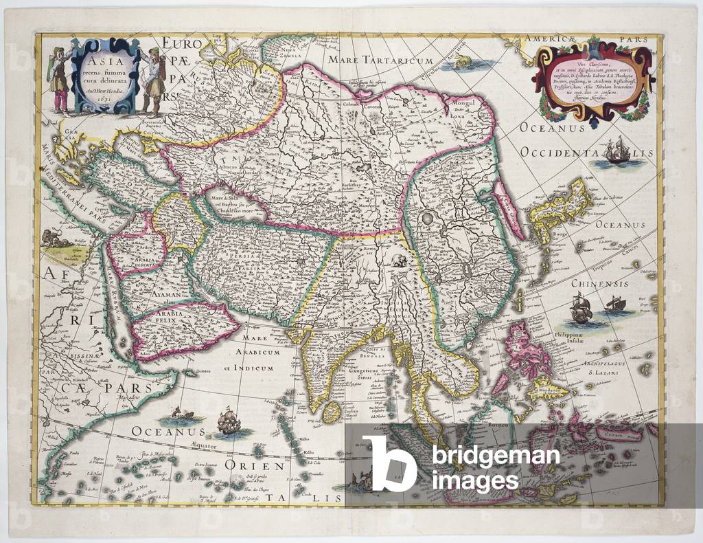 General map including Arabia, Japan, the Korean peninsula and the greater part of the Indonesian archipelago, 1631 (colour engraving)