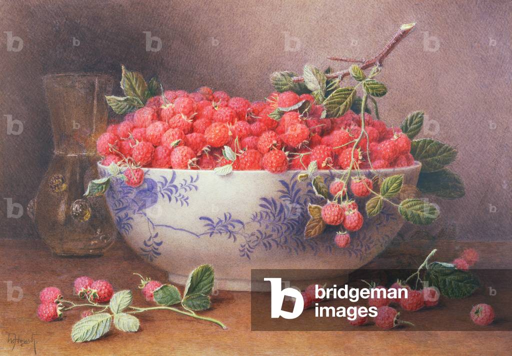 Still Life of Raspberries in a Blue and White Bowl