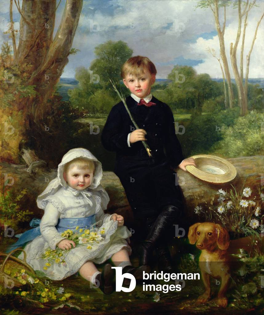 Portrait of a Brother and Sister with their Pet Dog in a Wooded Landscape