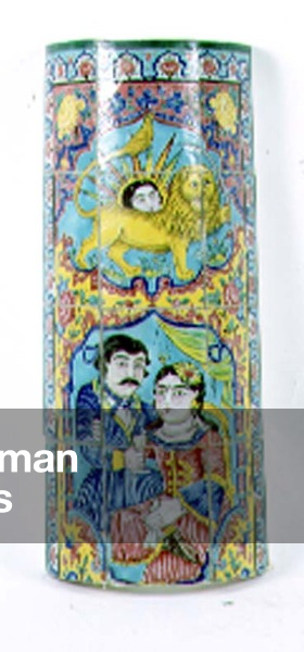Top part of the right hand column of a Qajar architectural arch decorated with polychrome Cuerda Seca tiles, from Shiraz, Persian, 19th century (pottery) (see also 93388-90 & 93392)