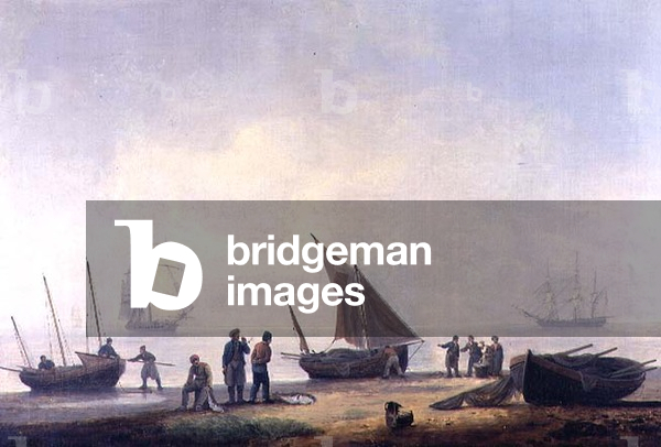 Fisherfolk on a Beach, with Vessels Offshore, 1825