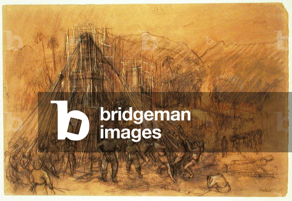 The Construction of a Bridge over the Mae Klong River (charcoal & chalk on paper)