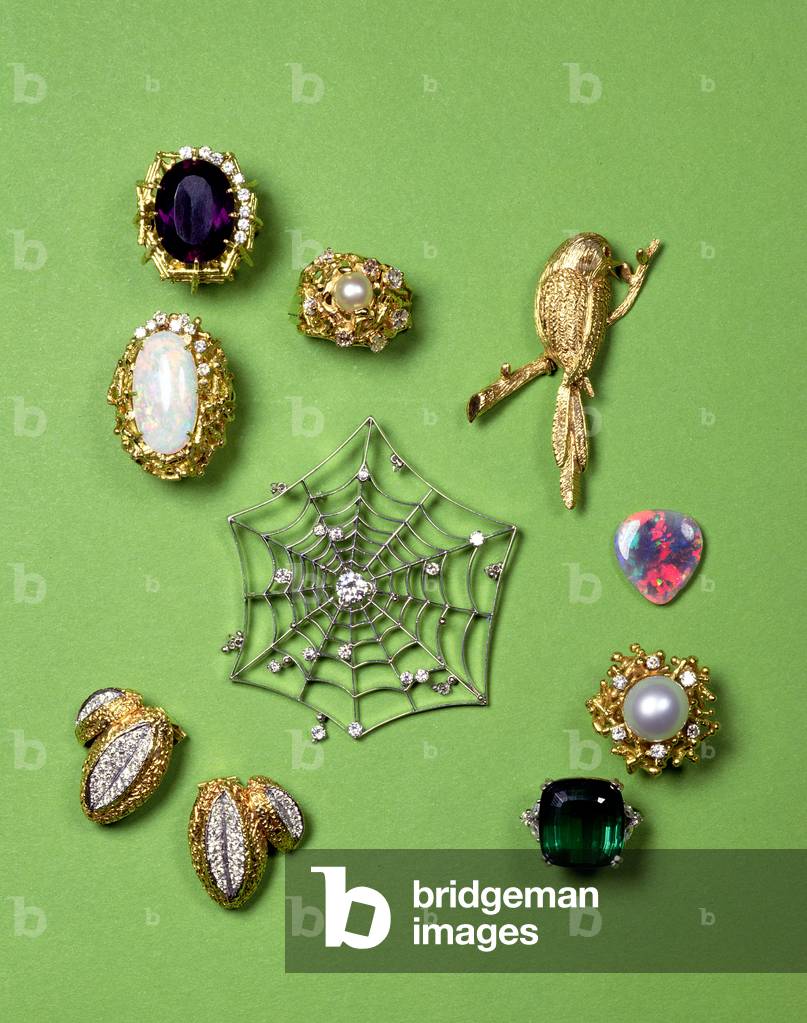 Amethyst and diamond ring; opal and diamond ring; pearl and cushion shaped diamond abstract cluster ring by King; gold lovebird brooch by Boucheron, Paris; diamond set brooch/pendant in the shape of a spider's web by Charles de Temple; diamond earclips designed as coffee beans, pave set with diamonds; cushion shaped tourmaline ring; South sea cultured pearl and diamond ring; unmounted drop shape black opal