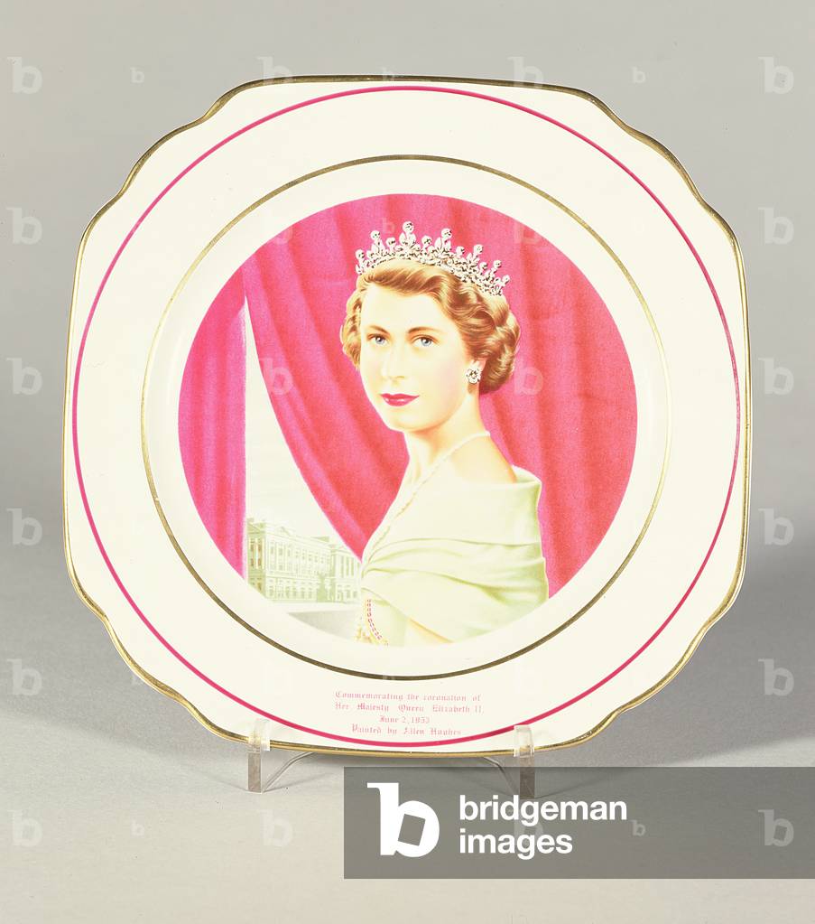 Canted plate commemorating the coronation of Queen Elizabeth II (b.1926) and bearing her portrait, painted by Allen Huabes, American, 1953 (china) (see also 99021)