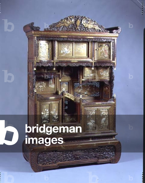 Japanese export cabinet with hinged and sliding panels decorated with scenes including a scholar reading, 'go' players, sparrows, flowers, exotic birds and open fans, Meiji Period (1868-1912) (hardwood and lacquer with gold fumdame, takamakie, hiramakie and ivory bone or iridescent shell inlay)