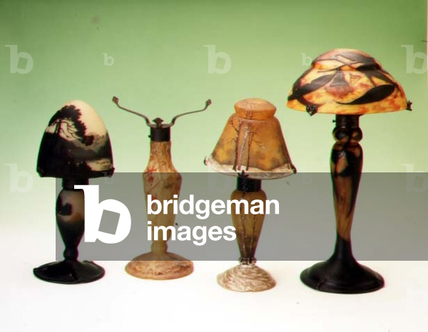 Selection of Daum etched and enamelled cameo glass table lamps